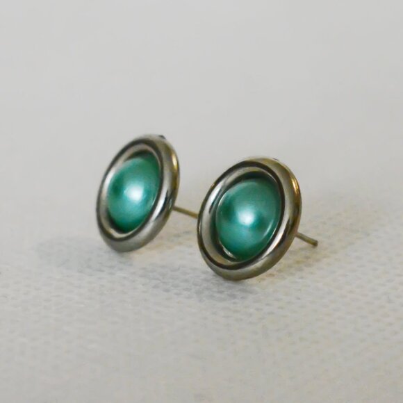 Silver and Dark Teal Stud Earrings - Picture 2 of 5